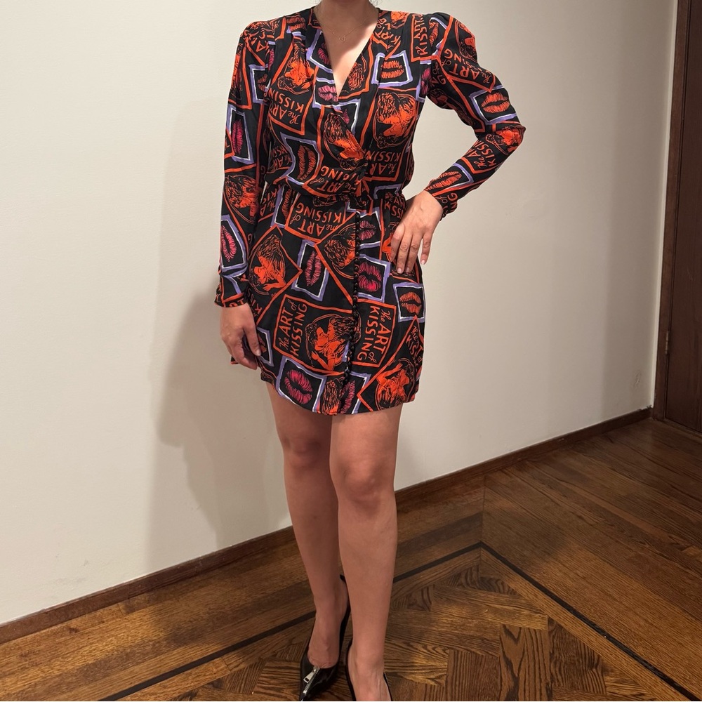 The Kooples Orange and Blue Sheath Dress with Puff Sleeves